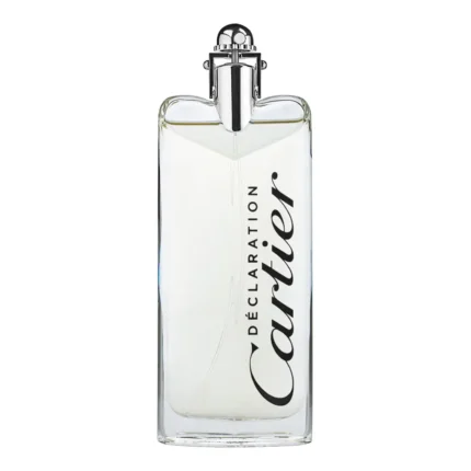 A clear, rectangular glass perfume bottle with gently curved shoulders, filled with a pale golden liquid. The sleek silver spray nozzle is capped by a polished, rounded metal top, secured by a slim metal clasp. The front face is elegantly labeled in black italic script: “Déclaration Cartier.”
