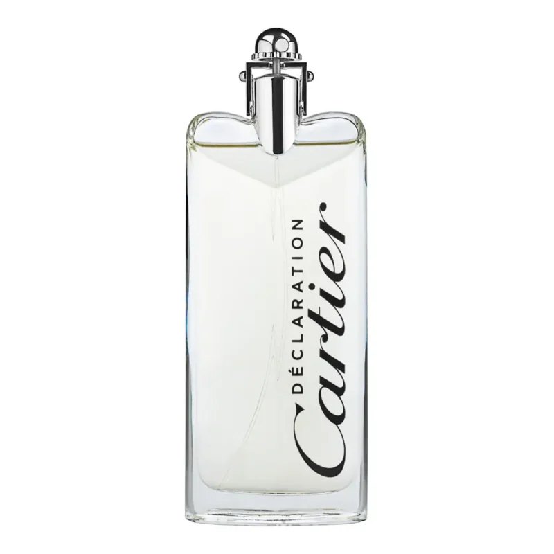 A clear, rectangular glass perfume bottle with gently curved shoulders, filled with a pale golden liquid. The sleek silver spray nozzle is capped by a polished, rounded metal top, secured by a slim metal clasp. The front face is elegantly labeled in black italic script: “Déclaration Cartier.”