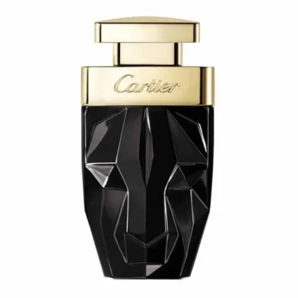 Elegant Cartier La Panthère Limited Edition Eau de Parfum bottle in a rounded square glass flask with a soft pink-hued perfume inside. The bottle features the iconic panther emblem discreetly embossed on the glass front, matching a sleek metallic pink cap. The front label reads ‘Cartier La Panthère’ in refined black serif font, giving it a luxurious and feminine appearance. The 75 ml size is suggested by its moderate yet substantial shape on a clean white background.