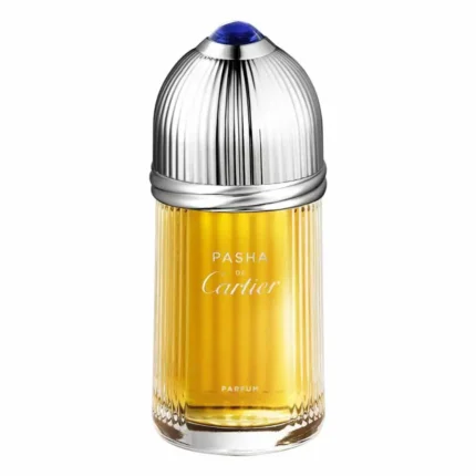 A sophisticated black cylindrical perfume bottle with a ribbed dome-shaped cap, featuring the silver “Pasha de Cartier” logo on the front. The design reflects timeless elegance and masculine luxury.