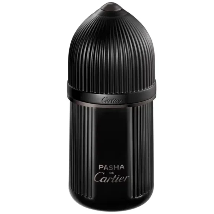 A luxurious black cylindrical perfume bottle with a matte finish, topped by a domed black cap. The front features the silver "Pasha de Cartier" logo and "Noir Absolu" text, reflecting a bold and sophisticated masculine design.