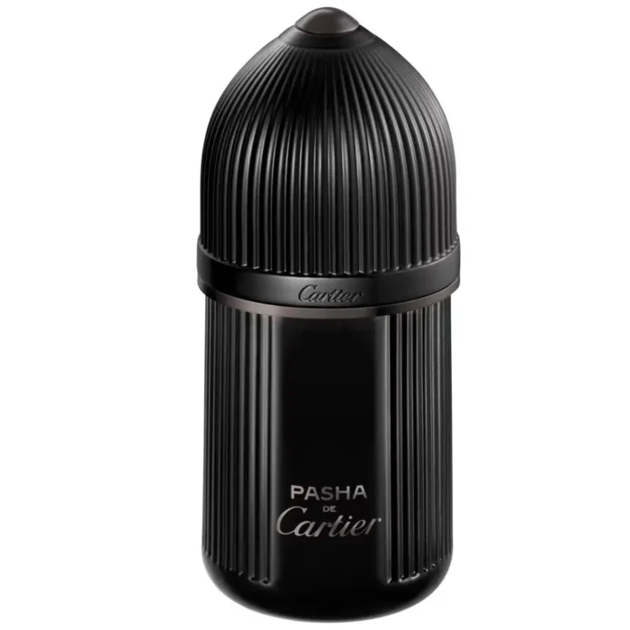 A luxurious black cylindrical perfume bottle with a matte finish, topped by a domed black cap. The front features the silver "Pasha de Cartier" logo and "Noir Absolu" text, reflecting a bold and sophisticated masculine design.
