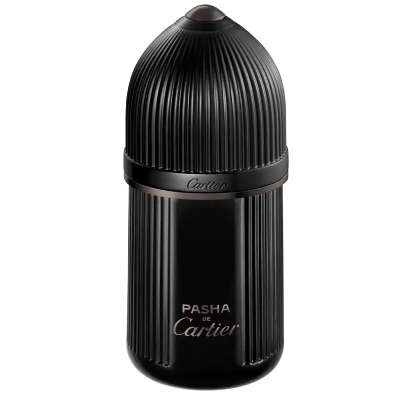 A luxurious black cylindrical perfume bottle with a matte finish, topped by a domed black cap. The front features the silver "Pasha de Cartier" logo and "Noir Absolu" text, reflecting a bold and sophisticated masculine design.